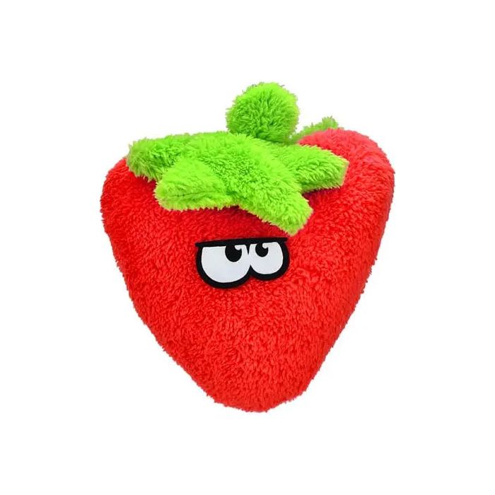 The Cycle Dog Duraplush Eco-Friendly Tough Dog Toy features a red strawberry shape with green leaves and frowning cartoon eyes—a playful, durable companion for your pup from the trusted Cycle Dog brand.