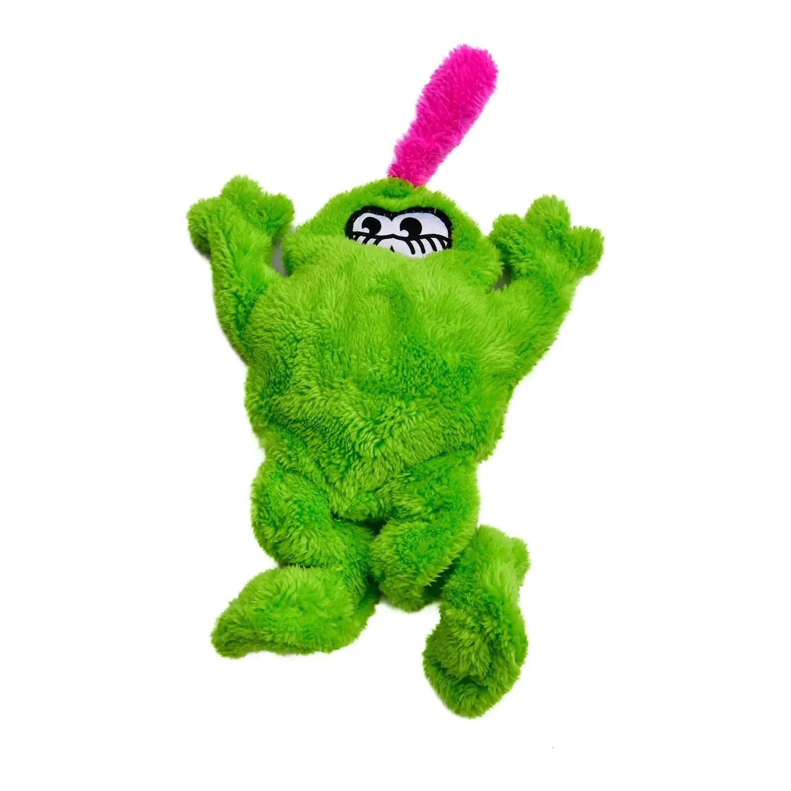 The Cycle Dog Duraplush Eco-Friendly Tough Dog Toy, by Cycle Dog, is a green plush toy with a cartoon face, big eyes, and a pink tuft on its head, lying flat on a white background.
