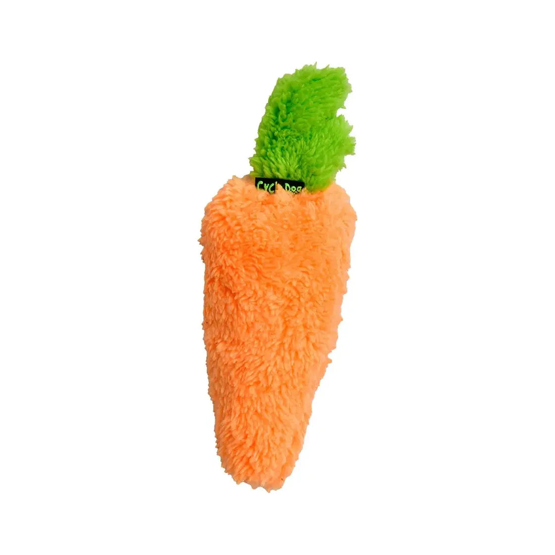 The Cycle Dog Duraplush Eco-Friendly Tough Dog Toy by Cycle Dog is a carrot-shaped plush dog toy with a fuzzy orange body and fluffy green top, made from recycled materials and shown on a plain white background.