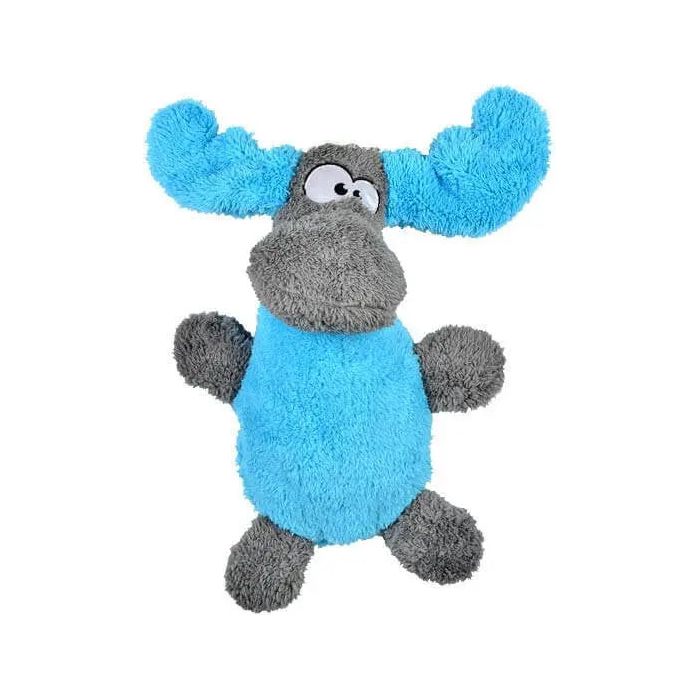 The Cycle Dog Duraplush Eco-Friendly Tough Dog Toy is a plush moose with bright blue antlers, gray limbs and snout, big cartoon eyes, and is made from recycled materials for a sustainable playtime.