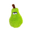 The Cycle Dog Duraplush Eco-Friendly Tough Dog Toy by Cycle Dog is a green, pear-shaped plush made from eco-friendly materials, featuring a brown stem and embroidered skeptical eyes. Shown on a plain white background.