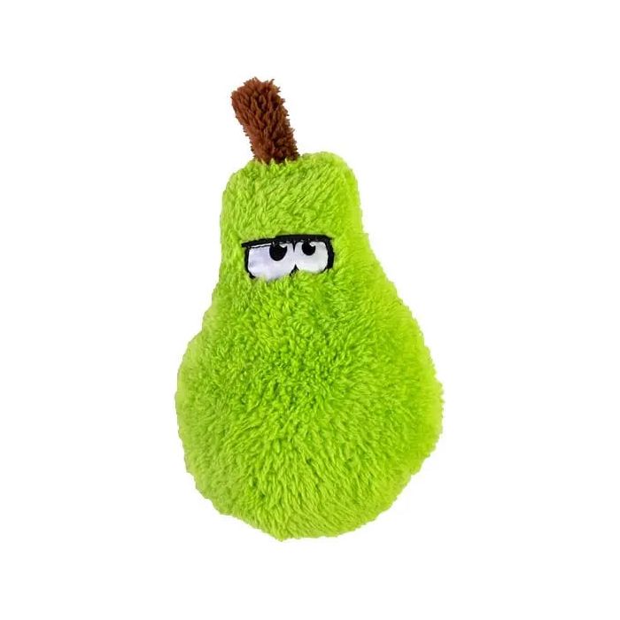 The Cycle Dog Duraplush Eco-Friendly Tough Dog Toy by Cycle Dog is a green, pear-shaped plush made from eco-friendly materials, featuring a brown stem and embroidered skeptical eyes. Shown on a plain white background.
