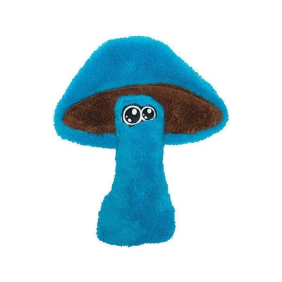 The Cycle Dog Duraplush Mushroom by Cycle Dog is a plush dog toy shaped like a mushroom, featuring a blue stem and cap, brown underside, and big cartoon eyes—an eco-friendly choice thats both cute and durable.