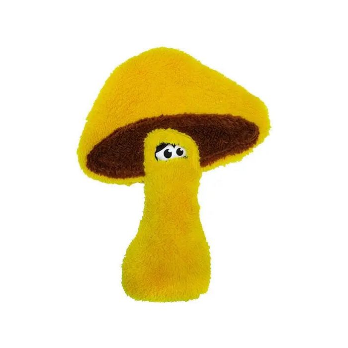 The Cycle Dog Duraplush Mushroom by Cycle Dog is a plush yellow dog toy with a brown underside and two cartoon eyes, designed to be durable, fun, and eco-friendly.
