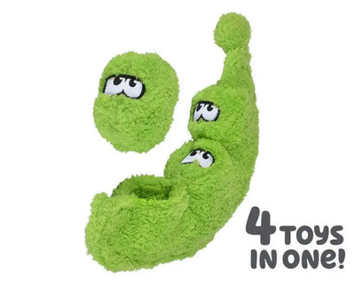 The Cycle Dog Duraplush Peas in A Pod Dog Toy features three green peas with cartoon eyes inside a plush, eco-friendly pea pod. 4 TOYS IN ONE! by Cycle Dog—a durable toy for hours of fun.