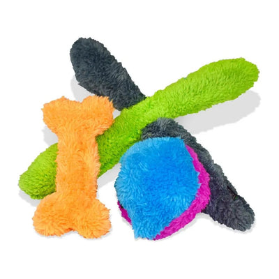 The Cycle Dog Duraplush Puppy Pack Dog Toys by Cycle Dog features colorful, eco-friendly toys made from recycled materials—including a bright orange bone, green stick, and blue-pink ball—all with fuzzy textures, displayed on a white background.