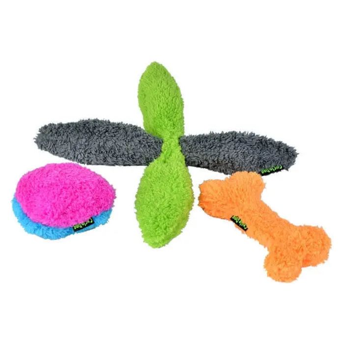The Cycle Dog Duraplush Puppy Pack Dog Toys by Cycle Dog features four plush, colorful chew toys: a gray and green crisscross, a round pink and blue toy, and an orange bone-shaped toy, all with soft fuzzy textures.