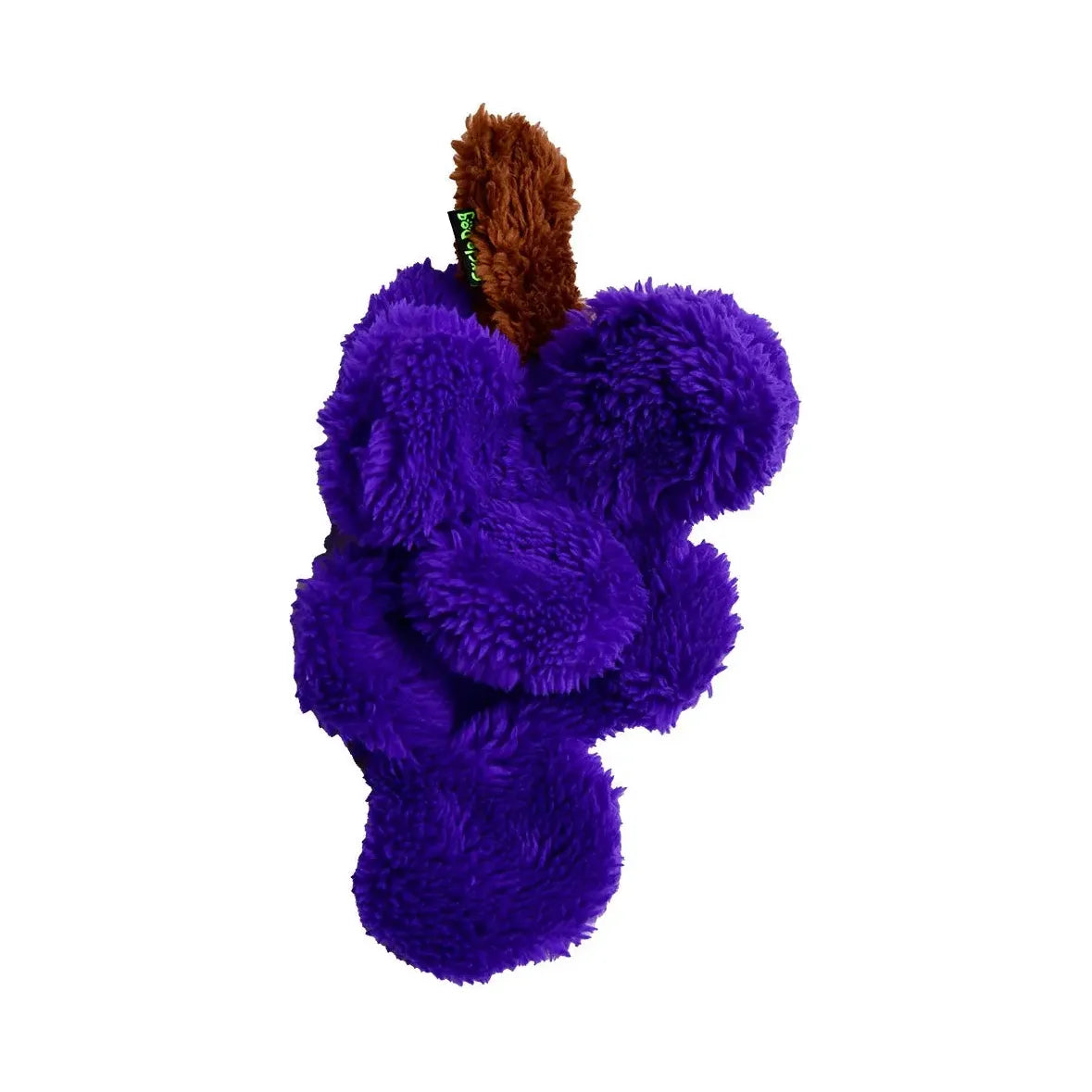 The Cycle Dog Duraplush Small Grapes Dog Toy by Cycle Dog is an eco-friendly, soft plush toy shaped like a bunch of purple grapes with a brown stem.