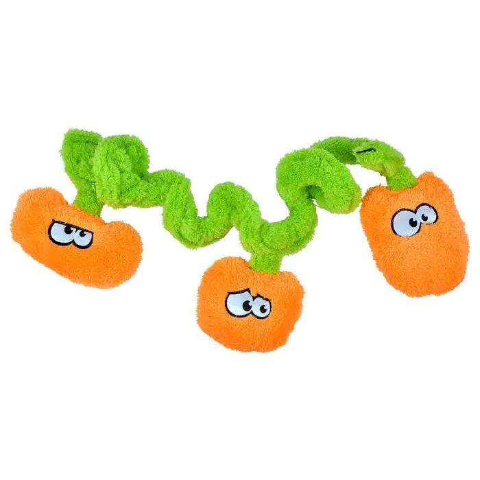 The Cycle Dog Duraplush Springy Pumpkin Patch Dog Toy is a plush, durable toy with three orange pumpkin shapes linked by a twisted green section, designed by Cycle Dog for eco-friendly play.
