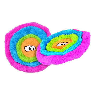 The Cycle Dog Duraplush Unstuffed Soft Flyer Dog Toy features colorful concentric rings in pink, blue, green, and orange with playful cartoon eyes. Made by Cycle Dog, this eco-friendly toy adds fun and animation to your pet’s playtime.