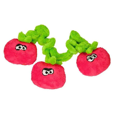 The Cycle Dog Duraplush Vine of Tomatoes Dog Toy features three plush red tomato balls with cartoon eyes and green stems, all connected for an eco-friendly, adorable, and durable playtime by Cycle Dog.