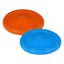 Two Cycle Dog Flat Tire Flyers, one orange and one blue, are side by side. Made by Cycle Dog from recycled materials, these durable dog frisbees have textured edges and small black speckles.