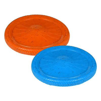 Two Cycle Dog Flat Tire Flyers, one orange and one blue, are side by side. Made by Cycle Dog from recycled materials, these durable dog frisbees have textured edges and small black speckles.