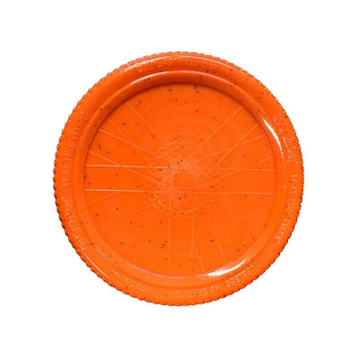 The Cycle Dog Flat Tire Flyer by Cycle Dog is a durable, eco-friendly orange dog toy with a round shape, textured edge, and radial spokes design that resembles a flying disc or tire.
