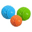 Three textured Cycle Dog High Roller Dog Balls in blue, orange, and green are shown. Each durable ball features a rugged, bumpy surface with the Cycle Dog brand embossed on the side. The balls are grouped closely together.