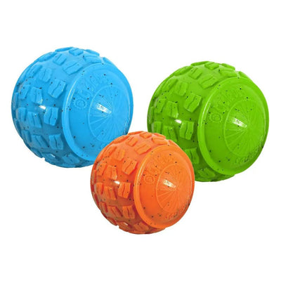 Three textured Cycle Dog High Roller Dog Balls in blue, orange, and green are shown. Each durable ball features a rugged, bumpy surface with the Cycle Dog brand embossed on the side. The balls are grouped closely together.