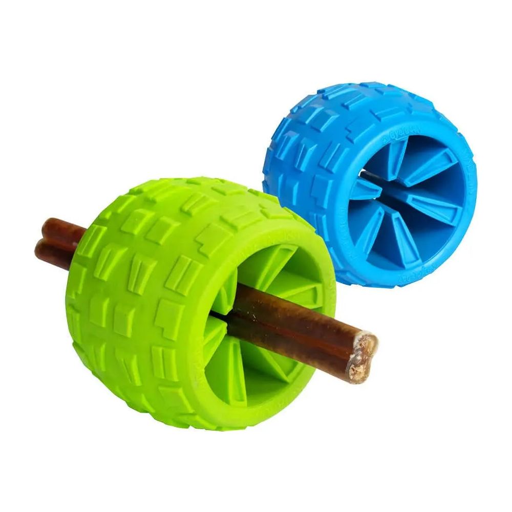 Two Cycle Dog High Roller Plus Dog Balls by Cycle Dog, one green and one blue, with textured surfaces and a stick through the center, are shown on a white background—an eco-friendly dog toy option.