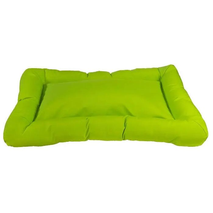The Cycle Dog Waterproof Barrier Layout Dog Bed by Cycle Dog is a rectangular, bright green washable bed with raised cushioned edges and a flat padded center, shown on a white background.
