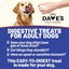 A happy dog licks its lips near a hand above the Daves Pet Food logo. Text below highlights Daves Pet Food Sensitive Stomach Sweet Potato & Pumpkin Grain-Free Soft & Chewy Dog Treats for digestive support in adult dogs.