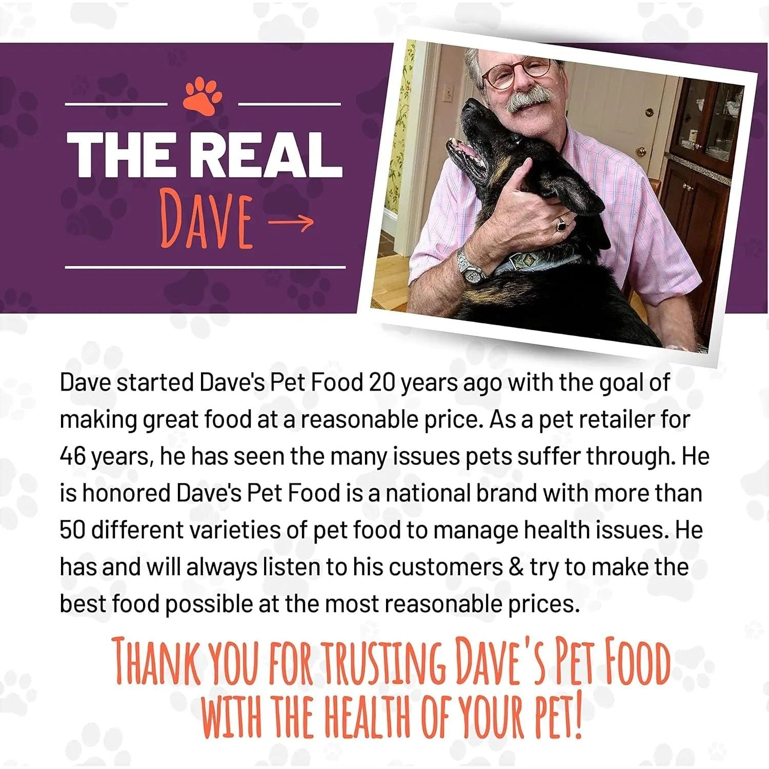 A smiling man with glasses hugs a happy black dog. Text shares how Dave started Dave’s Pet Food to offer affordable, high-quality options like Sensitive Stomach Sweet Potato & Pumpkin Grain-Free Soft & Chewy Dog Treats and thanks customers for their trust.