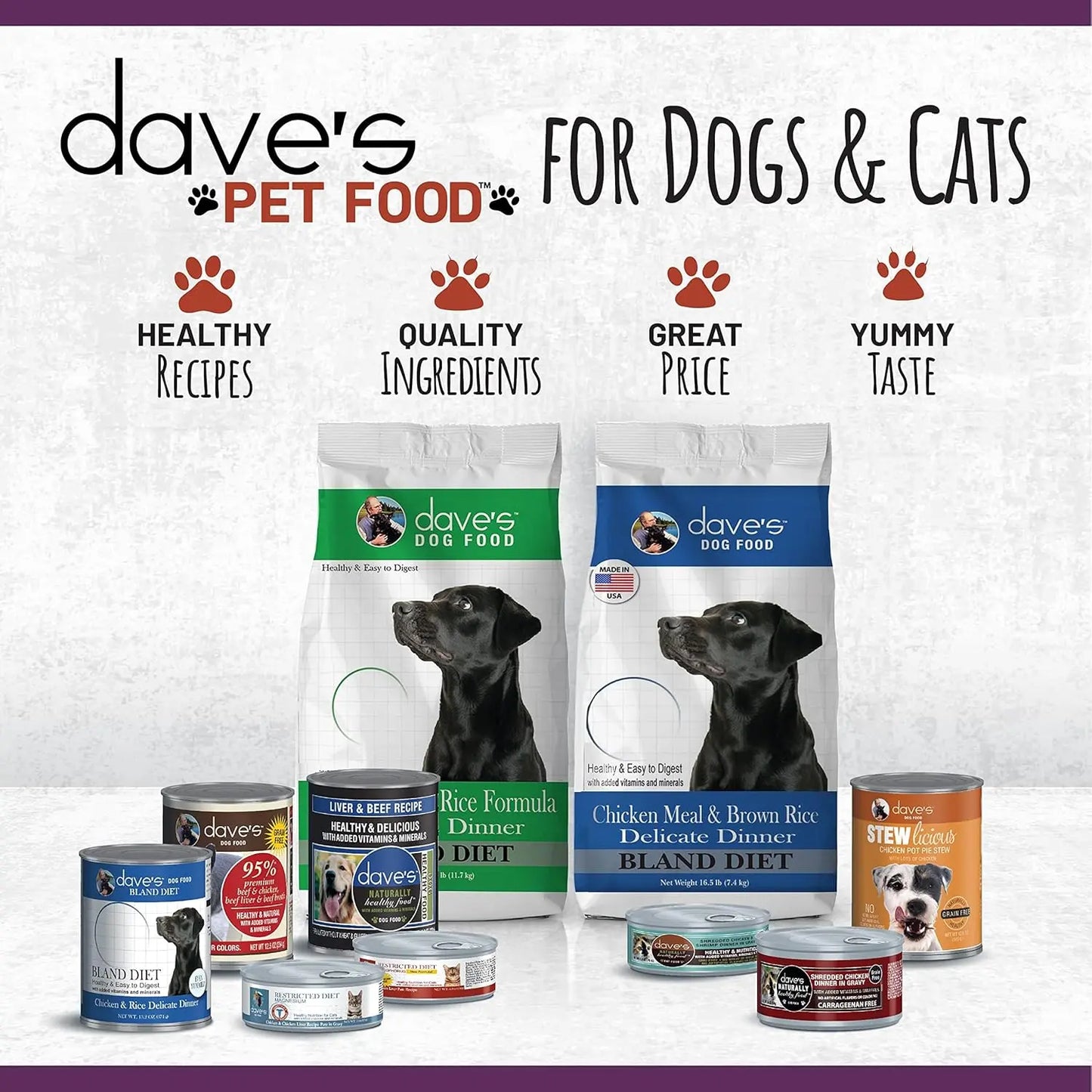 Daves Pet Food Sensitive Stomach Sweet Potato & Pumpkin Grain-Free Soft & Chewy Dog Treats 5oz are displayed, highlighting healthy recipes, quality ingredients, digestive support for dogs, great price, and yummy taste.