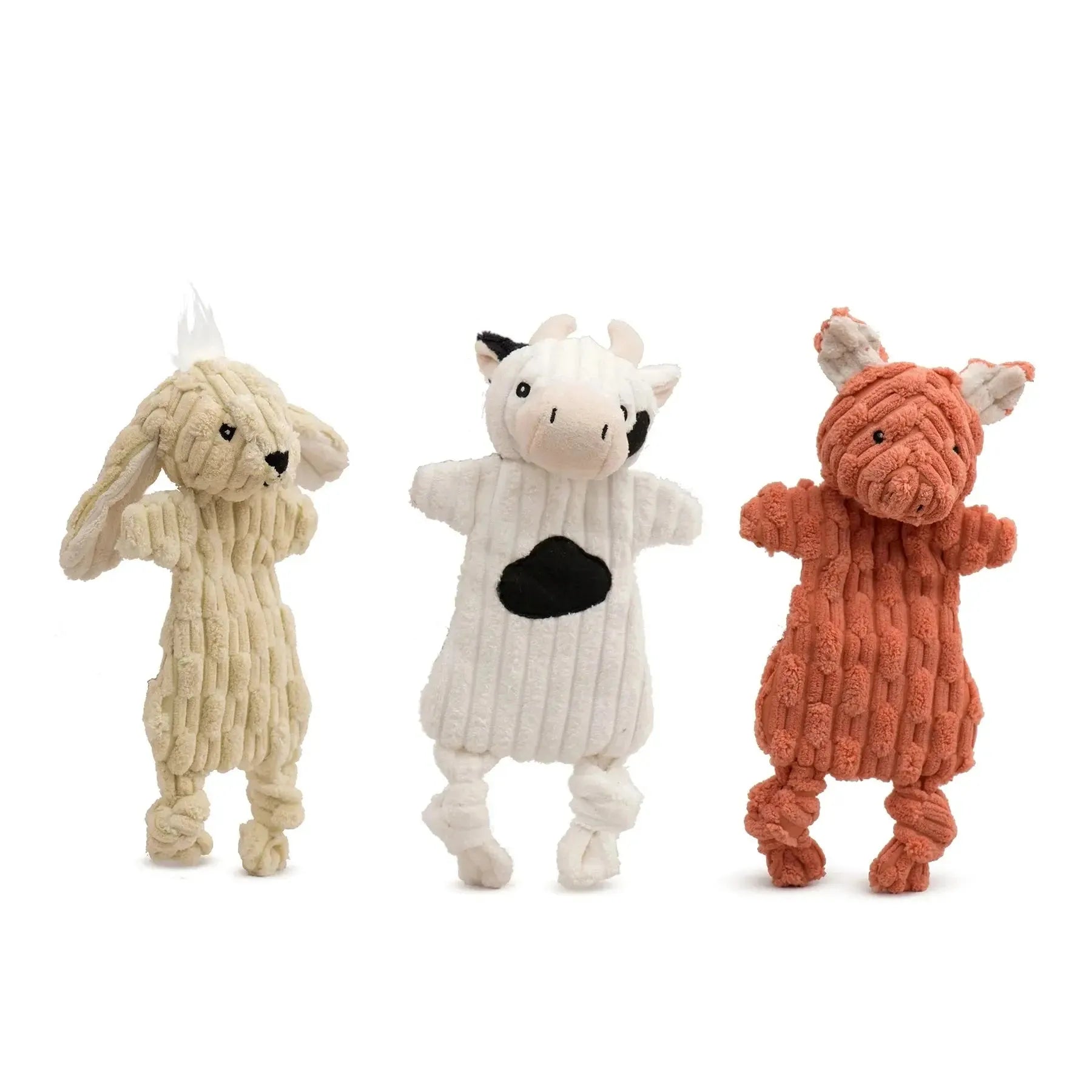 Three HuggleHounds Woodland HuggleFlatties Tough Squeaky Plush Small Dog Toys—beige bunny, white cow with black spots, and rust-colored fox—feature floppy ears and textured corduroy-like fabric. 3-pack by HuggleHounds.