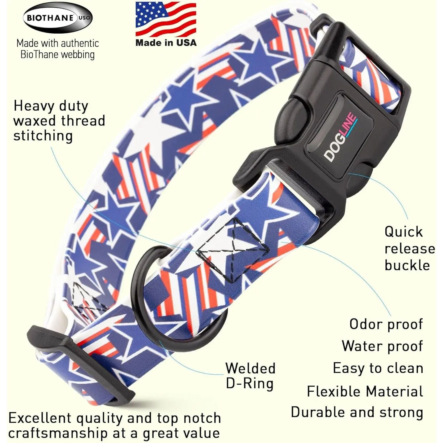 Dogline Biothane Printed Flag Dog Collar with Quick Release Buckle Dogline