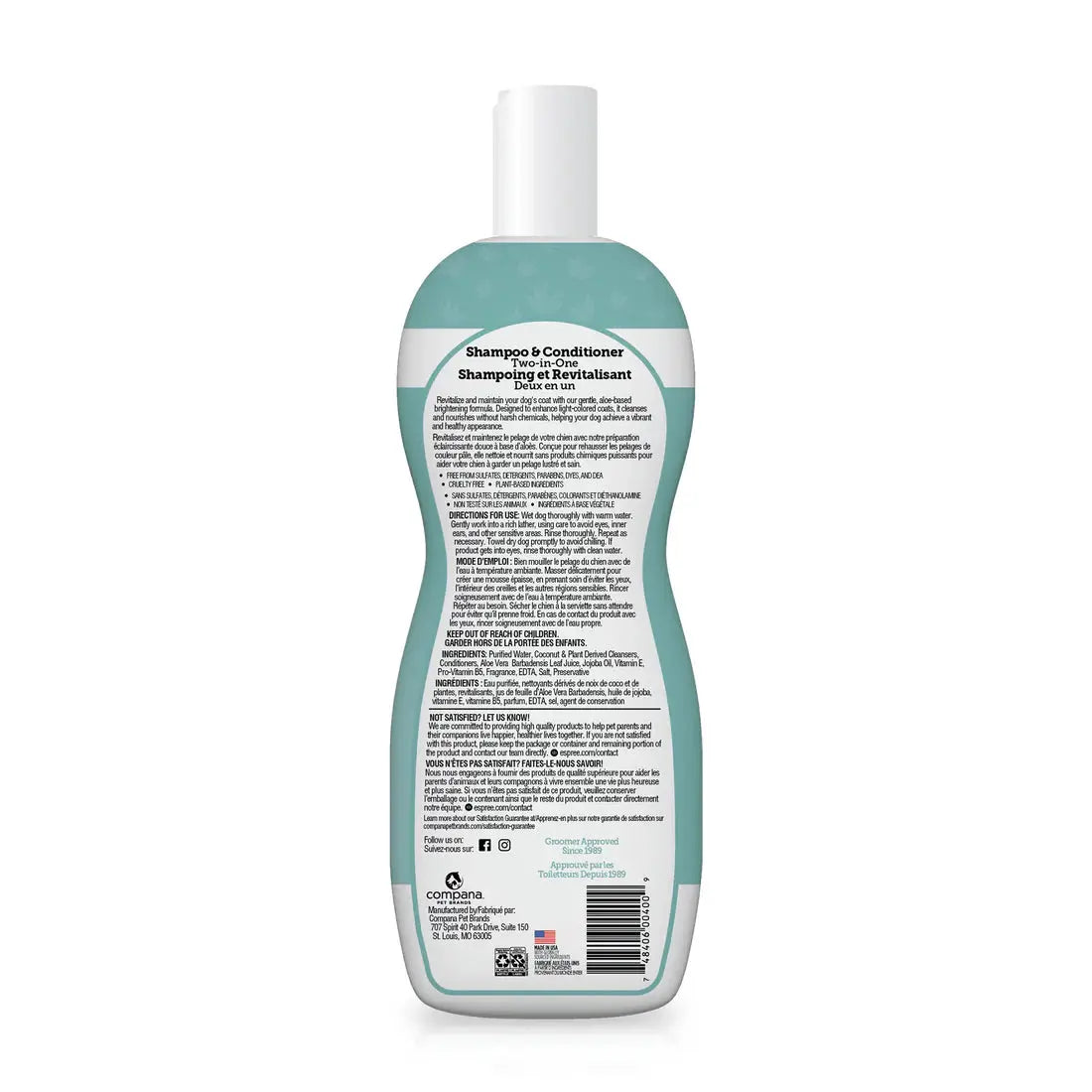 The back of the teal and white Espree 2in1 Bright White Dog Shampoo 20 oz bottle shows product info, directions, ingredients, and a barcode. The curved bottle with a white cap is designed by Espree for brightening dog coats.