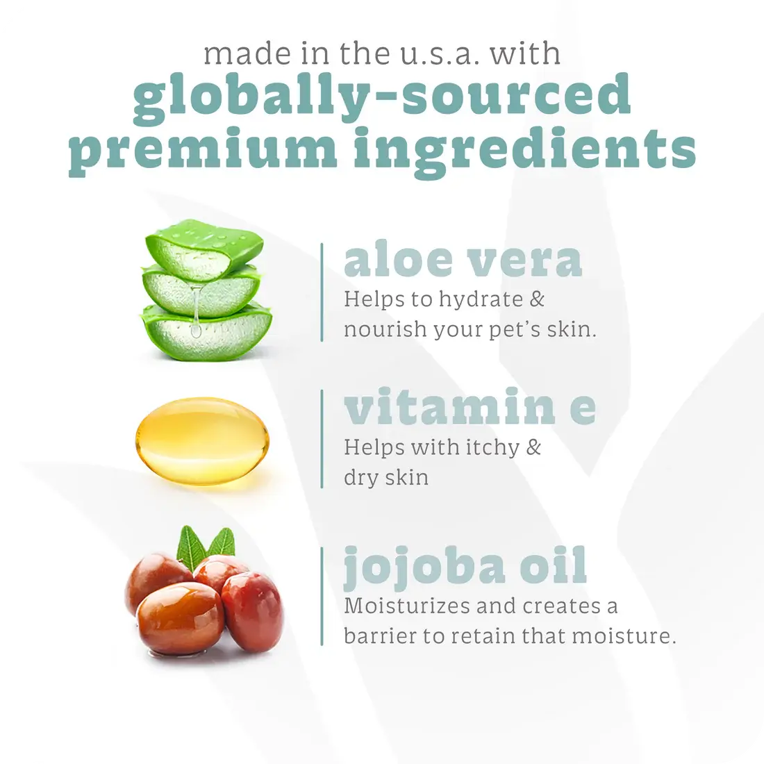 An infographic features aloe vera, vitamin E, and jojoba oil, stating: Made in the U.S.A. with globally sourced premium ingredients for pet skin benefits—perfect for Espree 2in1 Bright White Dog Shampoo 20 oz.