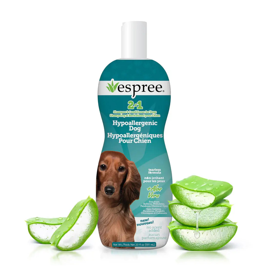 A 20 oz bottle of Espree 2in1 Hypoallergenic Dog Shampoo for sensitive skin is shown with a dog and aloe vera slices beside it, all on a white background.