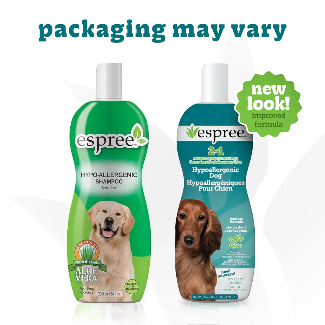 Two bottles of Espree 2in1 Hypoallergenic Dog Shampoo 20 oz with different label designs, both featuring a dog and aloe vera for sensitive skin. Text above says Packaging may vary. Green badge: New look! Improved formula. Brand: Espree.