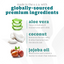 Text graphic for Espree 2in1 Hypoallergenic Dog Shampoo: features aloe vera (leaf), coconut (pieces), and jojoba oil (seeds). These ingredients support skin and coat health, ideal for sensitive skin. 20 oz bottle by Espree.
