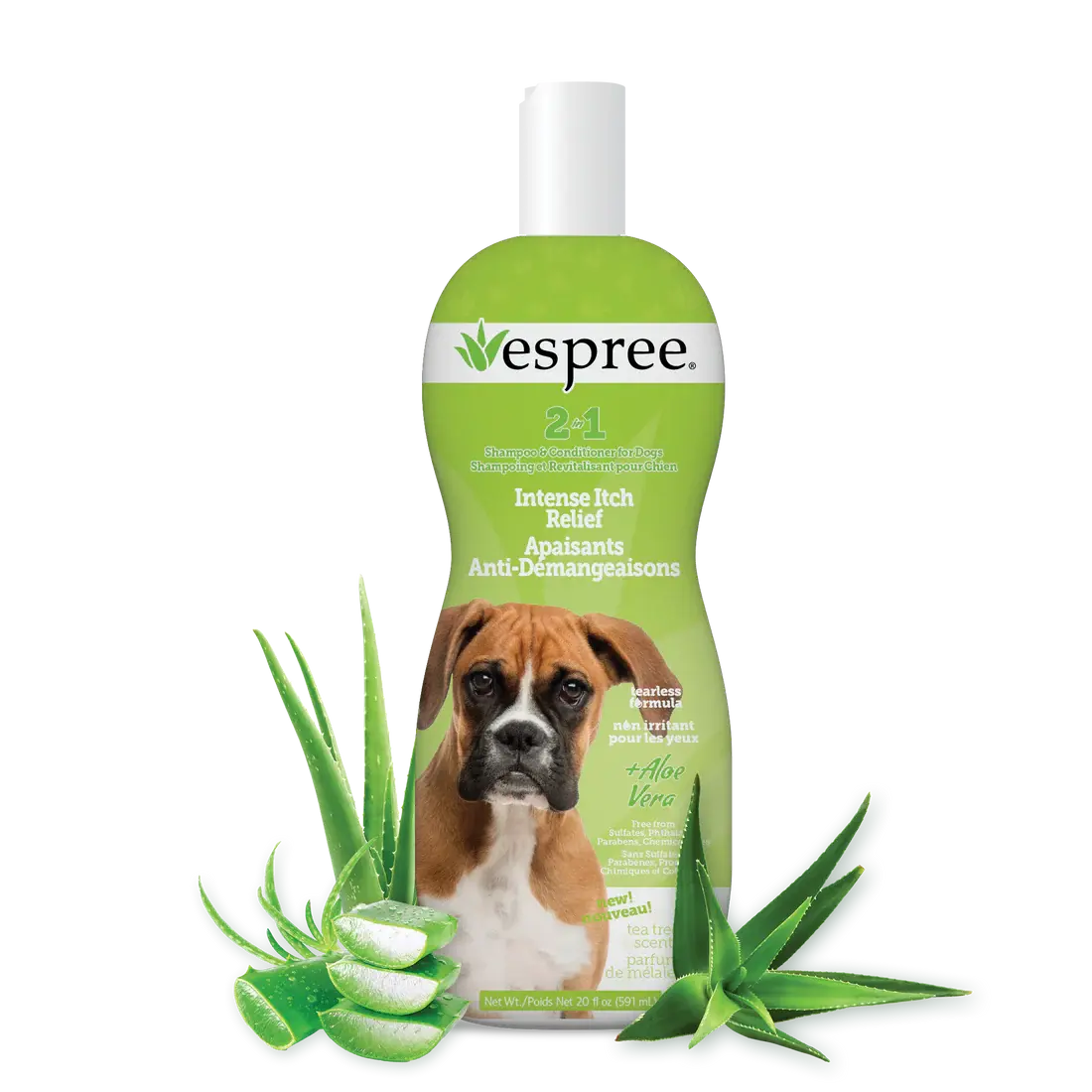 A 20 oz green bottle of Espree 2in1 Intense Itch Relief Dog Shampoo features a brown and white dog and aloe vera leaves on the label. This natural Espree shampoo gently soothes your pet’s skin.
