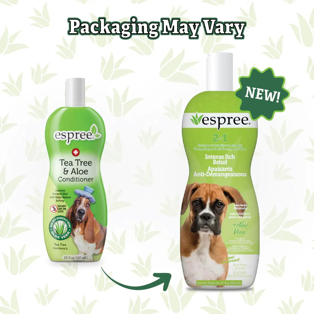Two bottles of Espree products are shown, including the Espree 2in1 Intense Itch Relief Dog Shampoo 20 oz. One bottle shows a NEW! label; background features leaf patterns and the text Packaging May Vary.