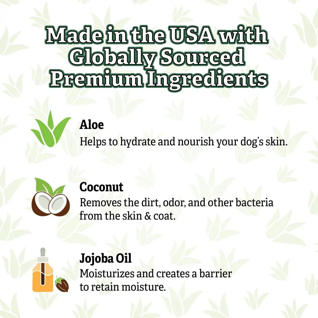 Infographic titled “Made in the USA with Globally Sourced Premium Ingredients,” featuring Aloe, Coconut, and Jojoba Oil in Espree 2in1 Intense Itch Relief Dog Shampoo 20 oz to support your dog’s skin, coat, and moisture. Ingredient icons included.