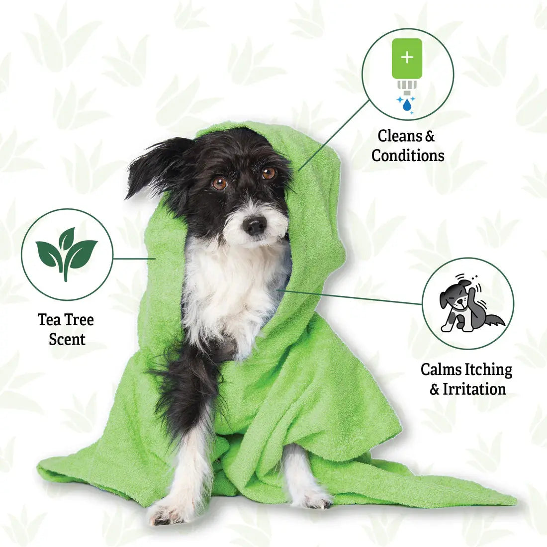 A black and white dog wrapped in a green towel is shown with icons for Tea Tree Scent, Cleans & Conditions, and Calms Itching & Irritation. Espree 2in1 Intense Itch Relief Dog Shampoo gently soothes itching, set on a light leaf pattern background.