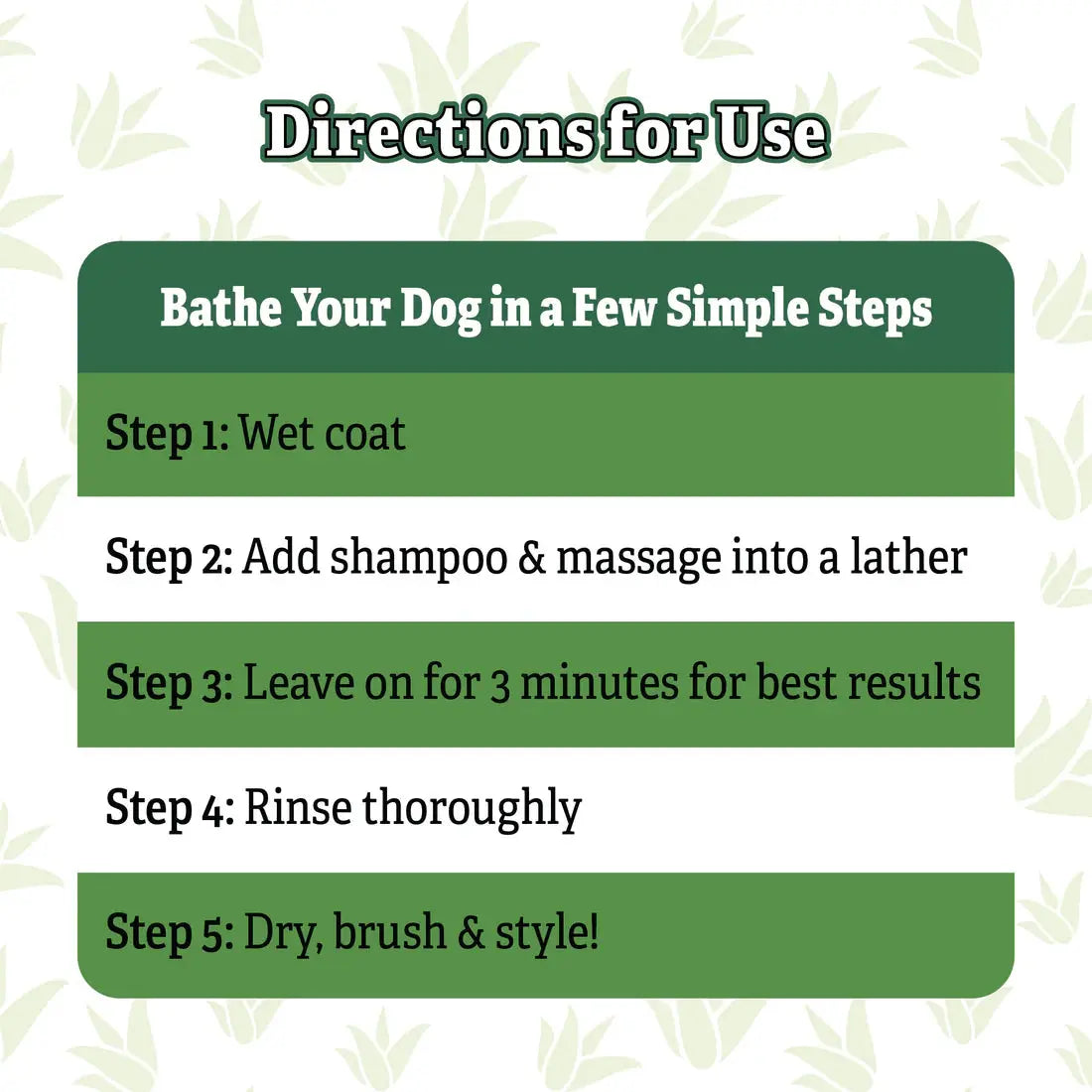 Instructions: Wet dog’s coat, apply Espree 2in1 Intense Itch Relief Dog Shampoo, lather, leave for 3 minutes, rinse thoroughly. Dry and brush as desired. Background: green and white with leaf patterns.