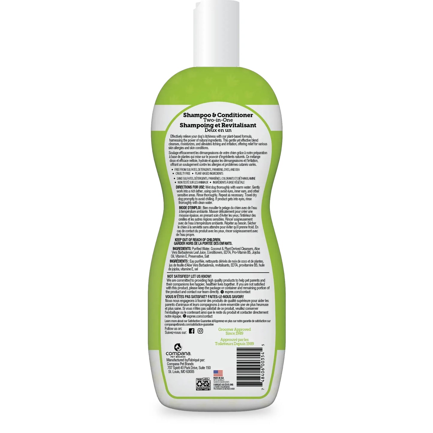 Back label of Espree 2in1 Intense Itch Relief Dog Shampoo 20 oz displays instructions, ingredients, directions, cautions, company info, and a cruelty-free bunny logo in English and French.