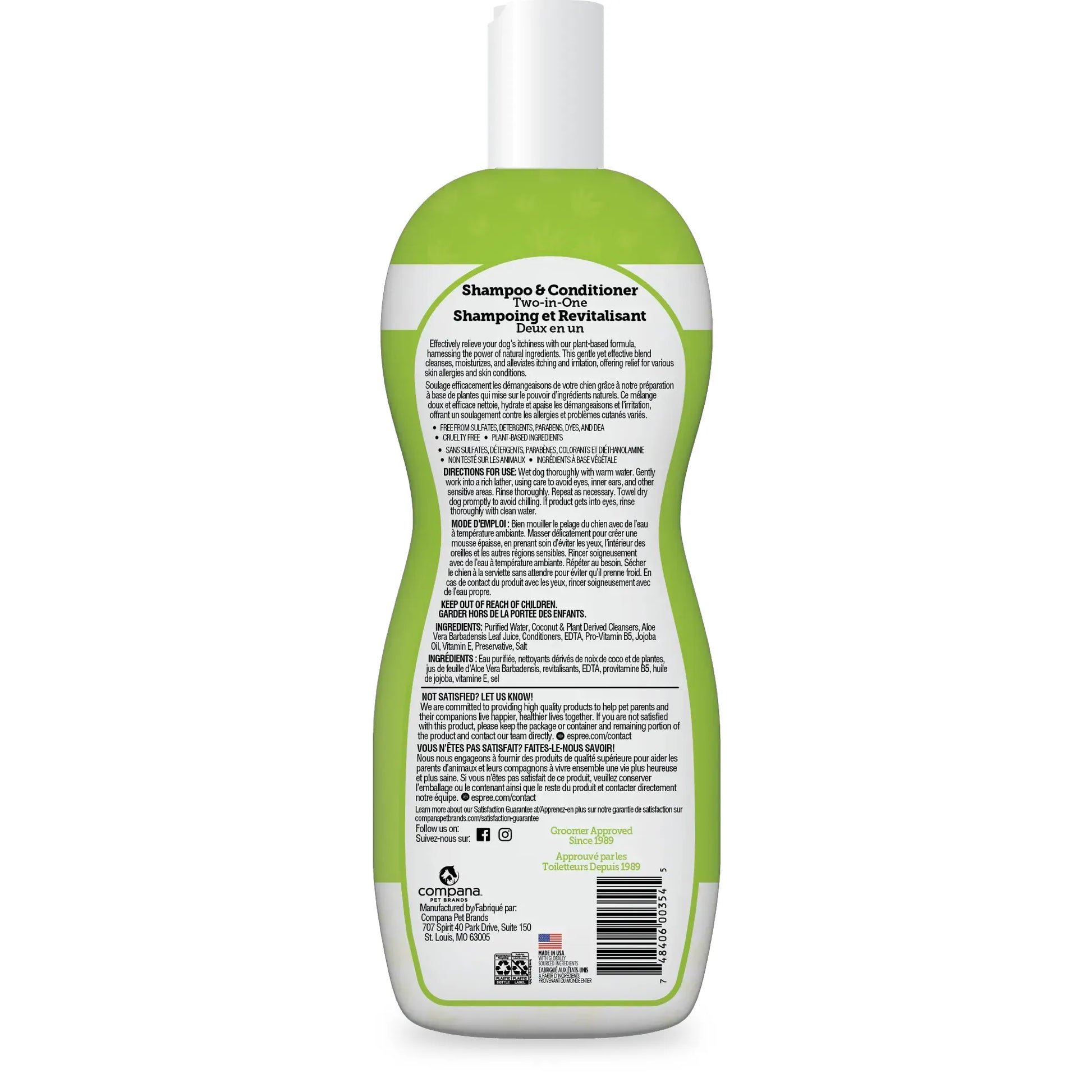 Back label of Espree 2in1 Intense Itch Relief Dog Shampoo 20 oz displays instructions, ingredients, directions, cautions, company info, and a cruelty-free bunny logo in English and French.