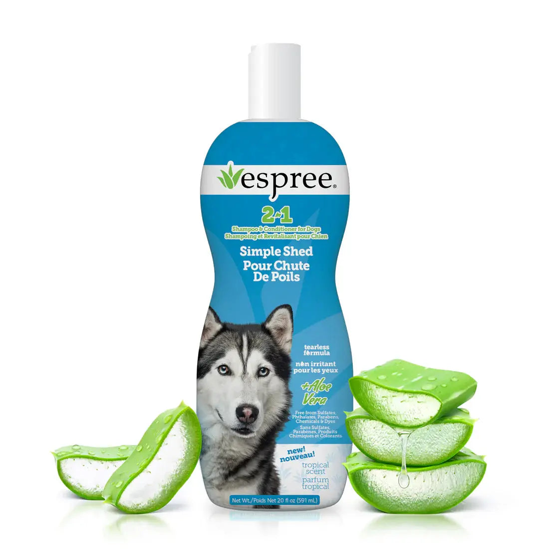 Espree 2in1 Simple Shed Dog Shampoo 20 oz features a husky on the label, aloe vera illustrations, and stacked fresh aloe pieces beside the bottle to help reduce pet shedding.