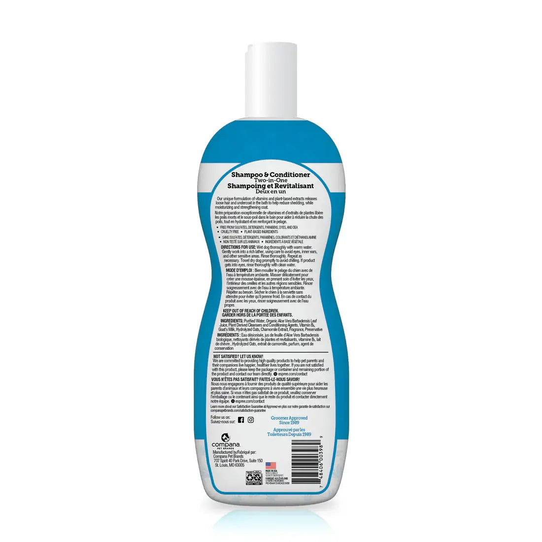 A blue and white Espree 2in1 Simple Shed Dog Shampoo 20 oz bottle, shown from the back. Its label lists product details, directions, ingredients, and company info in black text—ideal for reducing pet shedding.