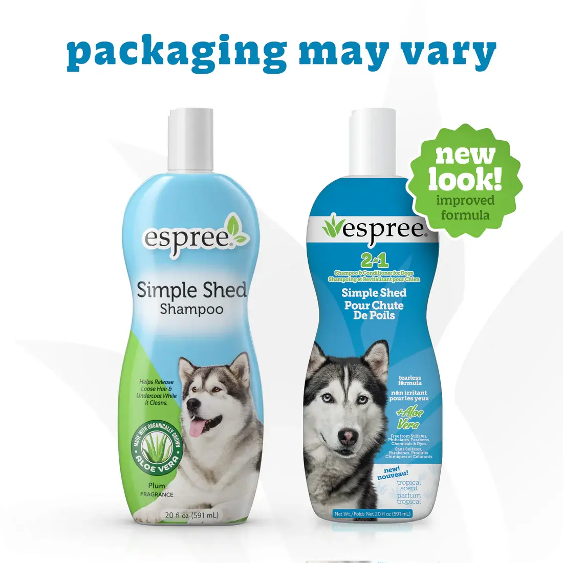 Two bottles of Espree 2in1 Simple Shed Dog Shampoo 20 oz are shown with different packaging, each featuring a husky and benefit highlights. A label notes packaging may vary. Great for reducing pet shedding. Brand: Espree.