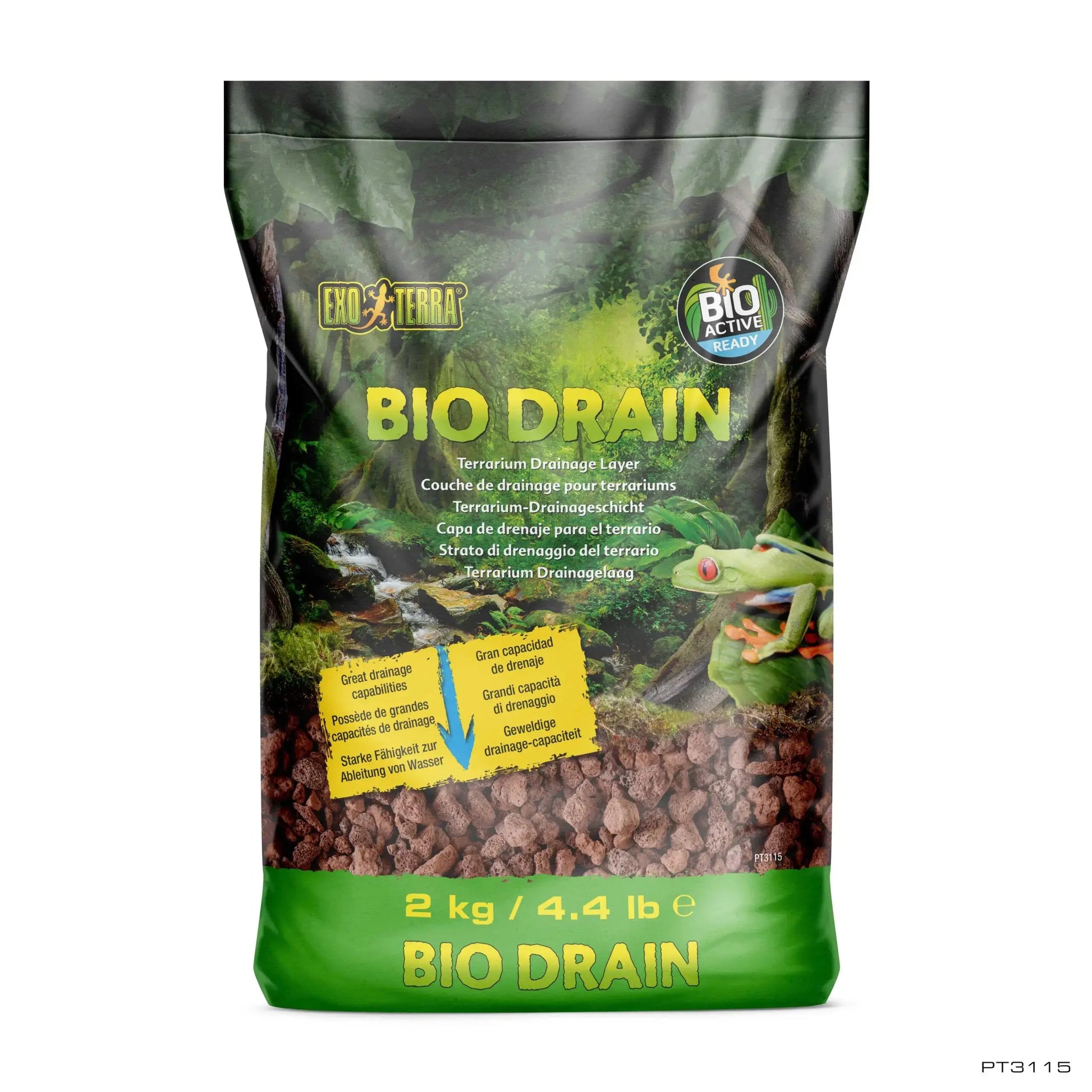 Exo Terra Bio Drain Terrarium Draining Reptile Substrate 4.4 lb by Exo Terra comes in a green bag with yellow text, frog image, and multilingual descriptions. Contains brown substrate pieces for terrarium drainage systems.