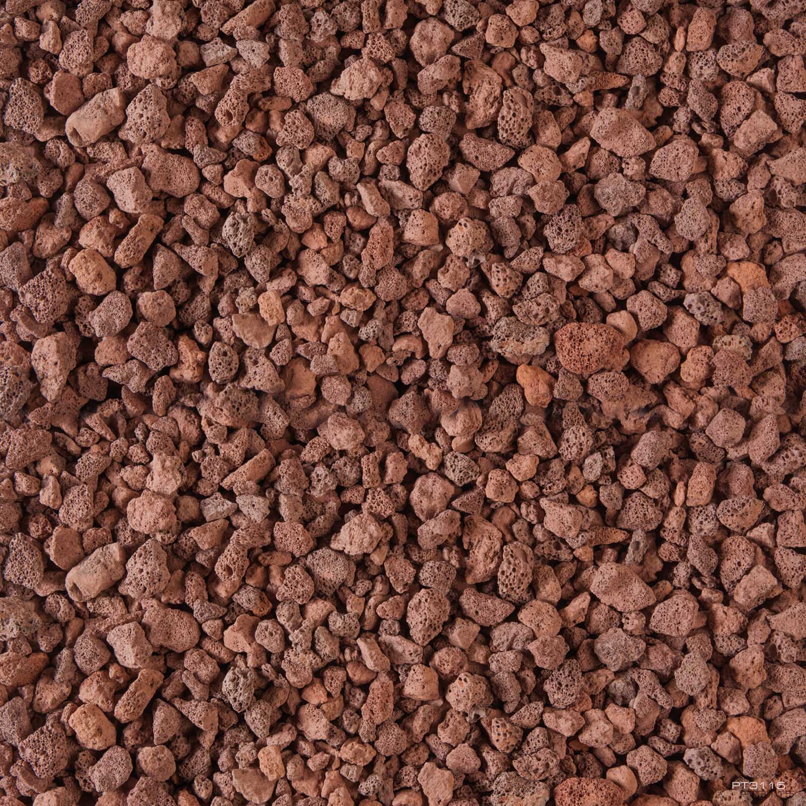A close-up of Exo Terra Bio Drain Terrarium Draining Reptile Substrate 4.4 lb by Exo Terra, showing small, irregularly shaped reddish-brown volcanic rocks in various sizes and rough textures, ideal as a draining substrate for terrariums.