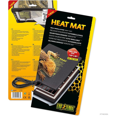 Packaging for the Exo Terra Self-Regulating Heat Mat for Reptiles & Amphibians shows a lizard on the mat, highlights features in several languages, and displays its 30x20 cm (12x8) size for 30-40 gallon tanks. Brand: Exo Terra.