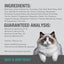 A fluffy white and gray cat with blue eyes sits beside product info for Feline Natural Beef & Hoki Feast Grain-Free Canned Cat Food. Ingredients, guaranteed analysis, and nutrition facts appear on a gray background.