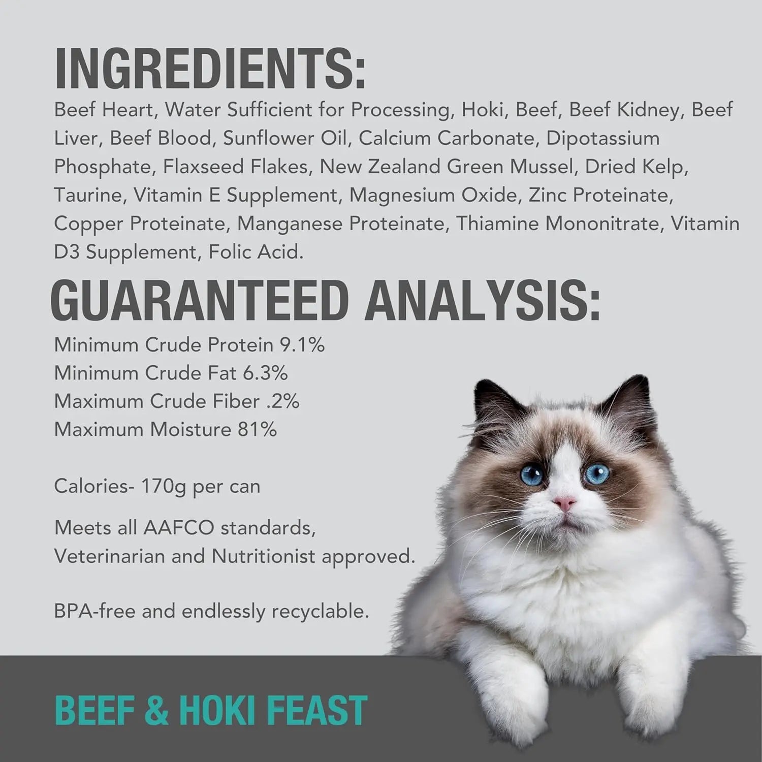 A fluffy white and gray cat with blue eyes sits beside product info for Feline Natural Beef & Hoki Feast Grain-Free Canned Cat Food. Ingredients, guaranteed analysis, and nutrition facts appear on a gray background.
