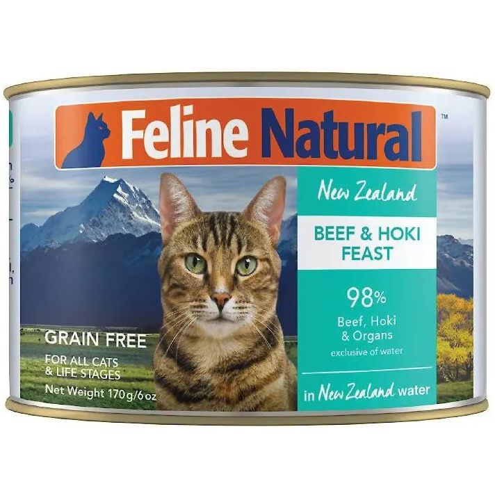 A 170g can of Feline Natural Beef & Hoki Feast Grain-Free Canned Cat Food, made with 98% New Zealand beef, hoki, and organs in water. Suitable for all cats. Brand: Feline Natural.