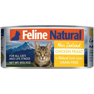 A can of Feline Natural Chicken Feast Grain-Free Canned Cat Food, featuring a tabby cat with mountains, made from cage-free chicken to provide wholesome nutrition for cats of all life stages.