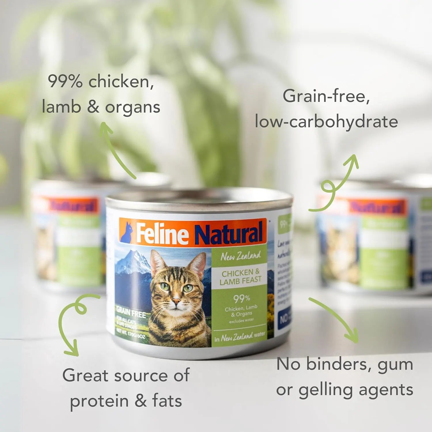 Feline Natural Chicken & Lamb Feast Grain-Free Canned Cat Food is shown, featuring 99% cage-free chicken, grass-fed lamb and organs. It’s grain-free, a great source of protein and fats, with no binders or gelling agents.